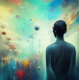 A person looking onto a colourful fantasy scene, with hazy flower-like shapes, clouds, and spheres in the sky  